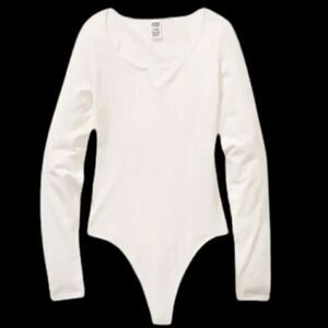 Victorias Secret Pink Soft Cotton Long Sleeve Bodysuit Shirt Top Ivory
